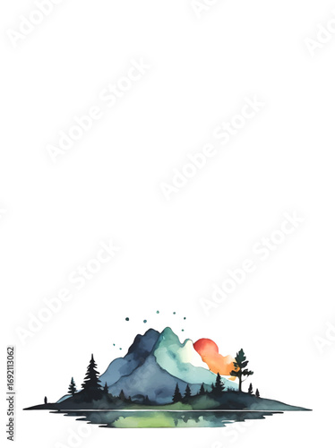 landscape with mountains, fir trees and river decorative ornament with white area for insertion