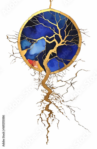 abstract ornament golden metal flash and disc of blue glass decoration