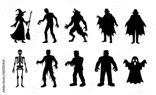 Halloween monsters silhouettes set. Witch, zombie, Dracula vampire and werewolf. Skeleton, mummy, ghost and Frankenstein monster. Cartoon characters flat vector illustrations.