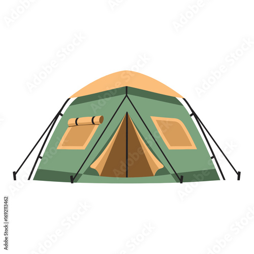 Green and Tan Camping Tent Illustration on White