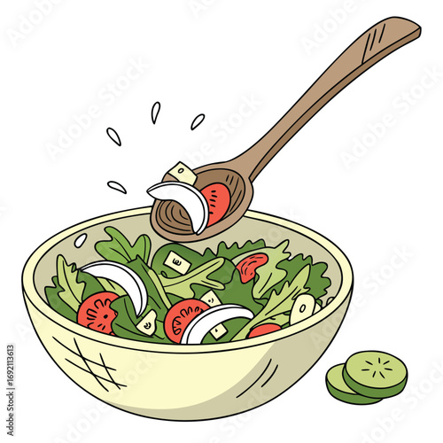 Salad in a bowl with a spoon adding ingredients and cucumber slices food healthy eating