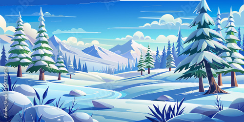 vector graphics, landscape, sky, clouds, forest, mountains, stream, snow, ice, trees, bushes, pine needles, thawed patches, snowdrifts, fjords, meadows, glades, wind, freshness