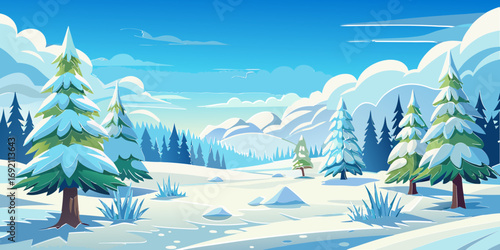 vector graphics, landscape, sky, clouds, forest, mountains, stream, snow, ice, trees, bushes, pine needles, thawed patches, snowdrifts, fjords, meadows, glades, wind, freshness