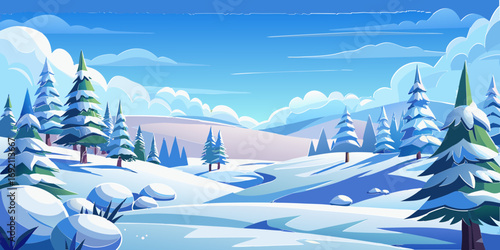 vector graphics, landscape, sky, clouds, forest, mountains, stream, snow, ice, trees, bushes, pine needles, thawed patches, snowdrifts, fjords, meadows, glades, wind, freshness
