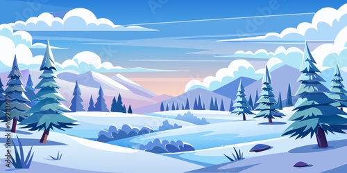 vector graphics, landscape, sky, clouds, forest, mountains, stream, snow, ice, trees, bushes, pine needles, thawed patches, snowdrifts, fjords, meadows, glades, wind, freshness