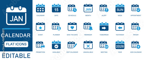 Calendar icon set. featuring date, schedule, month, week, appointment, agenda, organization and event icons. perfect flat icon collection.