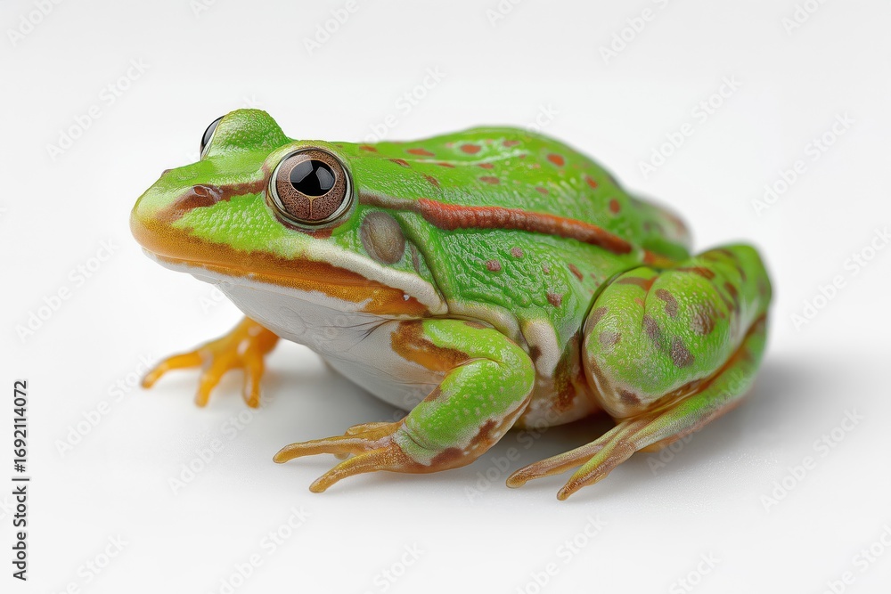 Obraz premium Green frog resting on white background