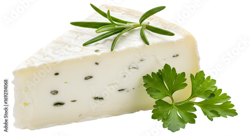 A wedge of creamy cheese garnished with fresh herbs, set against a clean white background