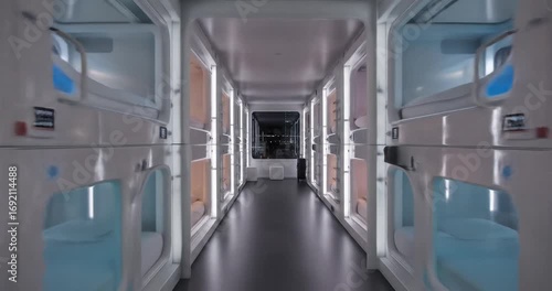 Modern capsule hotel interior with cozy sleeping pods