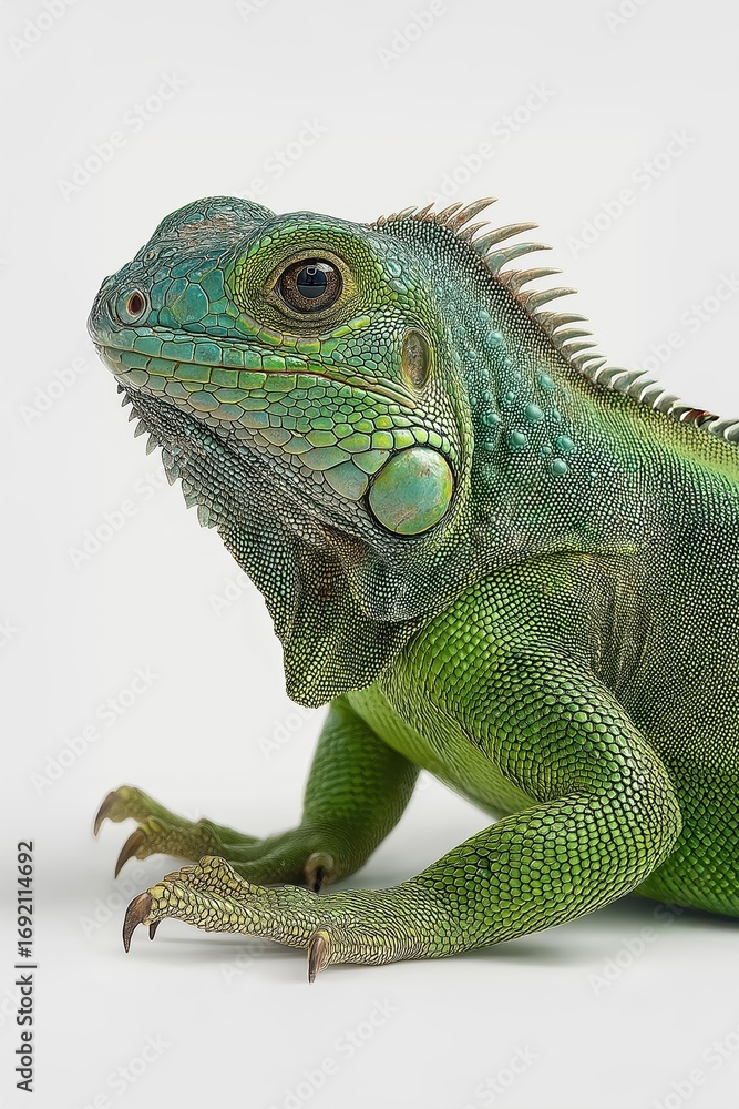 Obraz premium Green iguana posing on white background: reptile showing spikes and claws