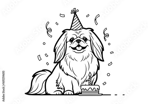 Pekingese dog celebrating birthday with party hat and cake in festive mood