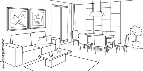 Living room graphic black white home interior sketch illustration vector 
