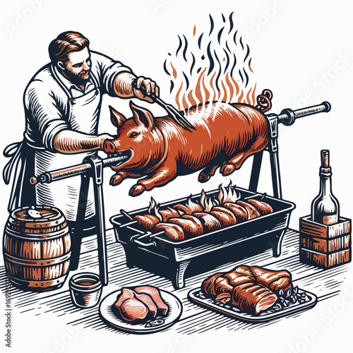 Illustration of a chef roasting suckling pig