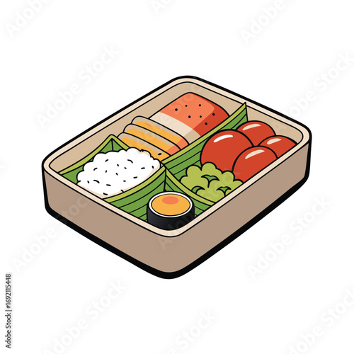 Delicious bento box meal featuring fresh rice vegetables and sashimi with soy sauce