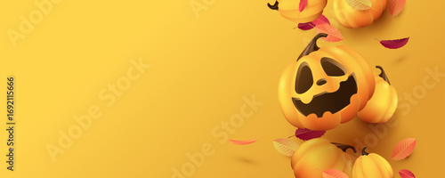 Halloween background with pumpkins, autumn leaves and copy space on yellow gradient for poster banner flyer party invitation seasonal promotion and commercial design use
