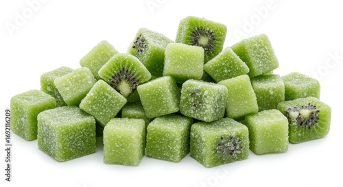 Colorful Frozen Kiwi Cubes Piled on White Background for Refreshing Dessert and Recipe Ideas