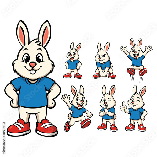 Cute rabbit mascot with 7 different poses and expressions, wearing blue shirt and red shoes. Perfect for kids product, branding, logo, stickers, and cartoon illustration with playful style.