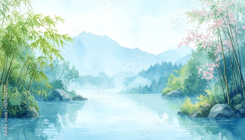 Misty mountain river landscape