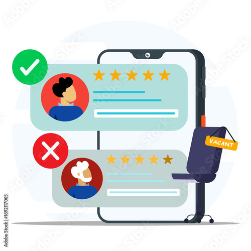 Flat illustration of job recruitment process showing candidate approval and rejection with rating stars on mobile screen and vacant chair for hiring selection