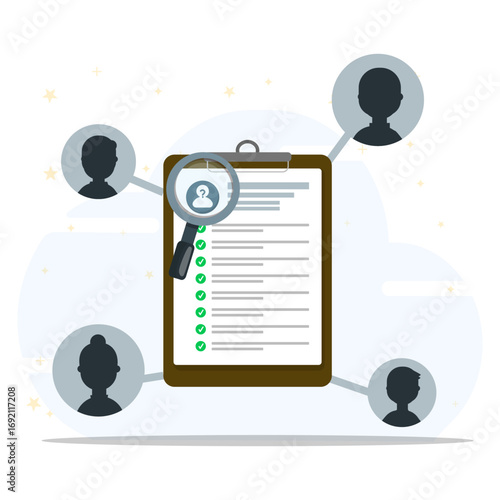 Magnifying glass over candidate list on clipboard with connected profiles. Symbolizing recruitment, job selection, human resources, and employee evaluation process.