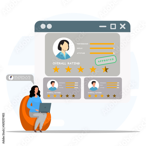 Illustration of a woman using laptop to review candidate profiles with star ratings, approval marks, and evaluation system for recruitment and job selection.