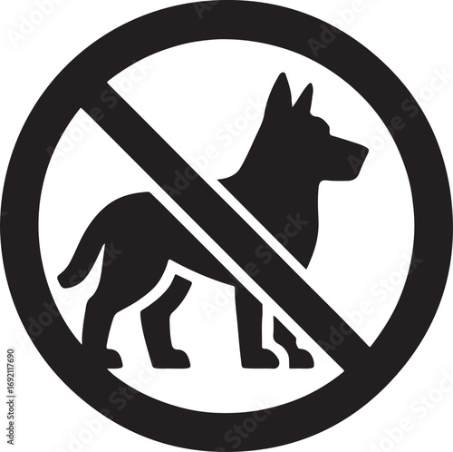 No Dogs Allowed Sign Icon. Black silhouette of a dog in a prohibition circle, a vector graphic symbolizing a pet-free zone or restricted area.