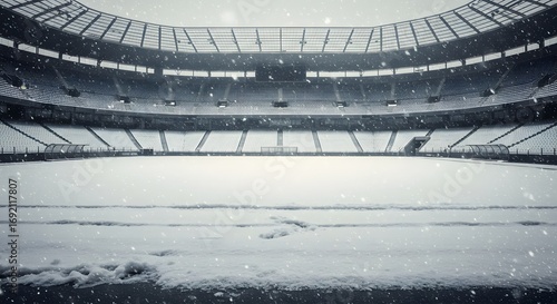 Winter football stadium covered with light snow