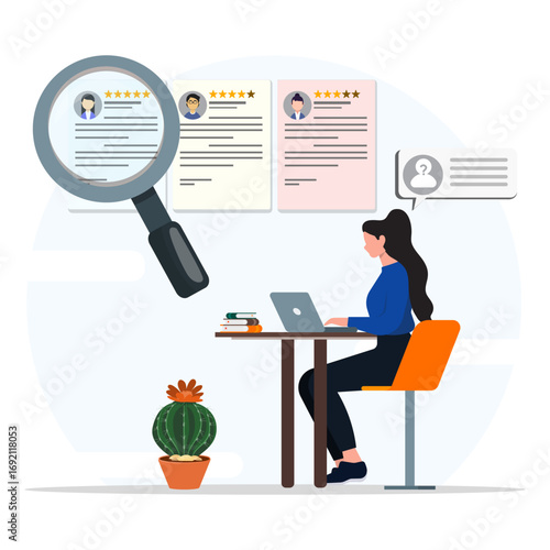 Illustration of a woman using a laptop to review resumes with magnifying glass highlighting candidates. Concept of recruitment process, job selection, and professional evaluation.