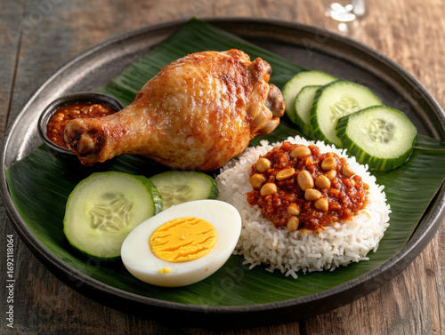 nasi lemak with fried chicken drumstick