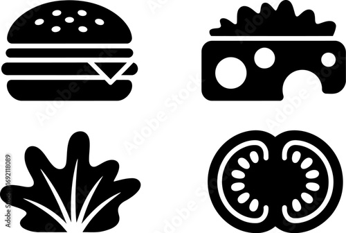 Simple icons representing burger ingredients: bun, cheese, lettuce, and tomato slices.