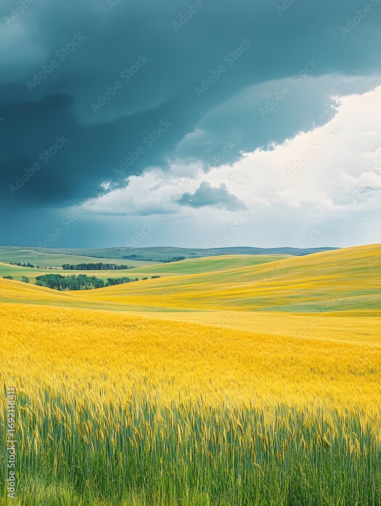 Obraz premium Rolling yellow wheat fields under a dramatic stormy sky with distant trees clouds