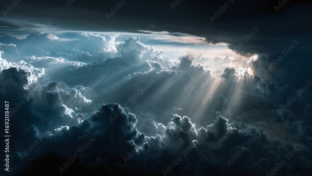 Fototapeta premium Dark storm clouds with bright sun rays piercing through dramatic sky light beams creating a powerful contrast between darkness and illuminated atmosphere above earth