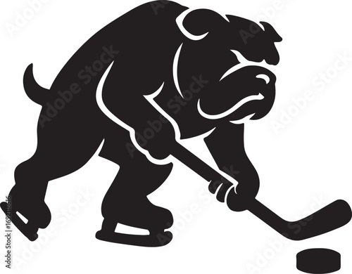 Playful Bulldog Character Illustration Skating and Playing Hockey on Ice with a Puck