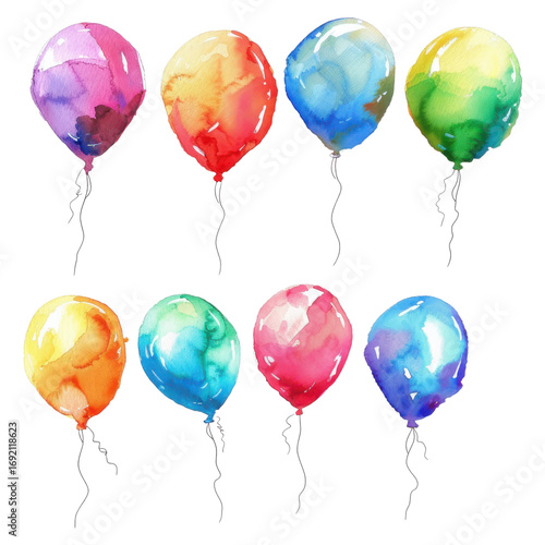 Colorful watercolor balloons floating in a sunny atmosphere for a joyful celebration or event