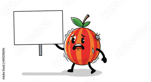 Cartoon fruit character with sweating face holding blank sign board with fly insects around it
