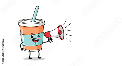 Cute orange juice cup character with megaphone announcing something important fun illustration