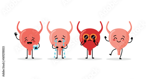 Human bladder health awareness education and understanding anatomy organ characters emotions showing different health status