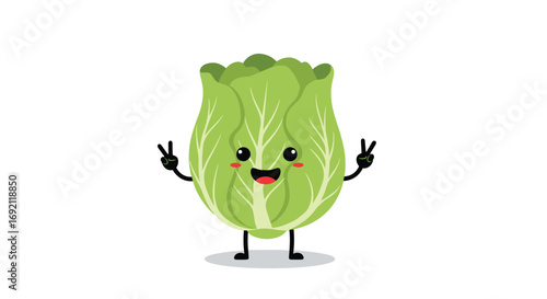 A cute happy cabbage character with arms and legs giving a peace sign
