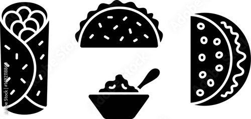 Delicious Mexican food icons featuring a burrito, tacos, and guacamole