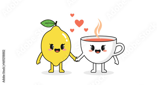 Cute cartoon lemon and tea cup holding hands surrounded by hearts