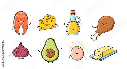Healthy keto diet foods featuring fresh salmon cheese olive oil chicken leg avocado