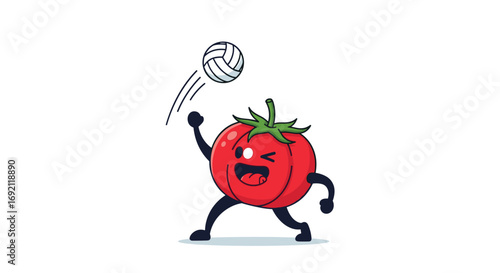 A happy cartoon tomato playing volleyball and hitting the ball with its hand