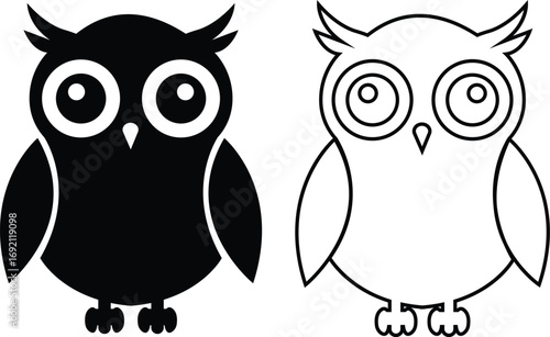 Black owl flat, line icon set, creative vectors of bird silhouette. Simple cartoon nocturnal animal design, decorative graphic symbol artwork. Wildlife illustration isolated on transparent background.