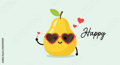 Happy pear character wearing heart shaped sunglasses with a stem in hand and hearts floating around
