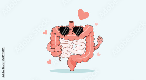 Happy gut health fun cartoon illustration for digestive system awareness month