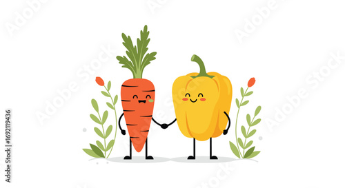 Cute cartoon carrot and yellow bell pepper characters holding hands surrounded by plants and flowers