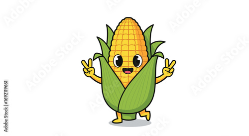 Happy cute corn character dancing with peace signs and groovy moves