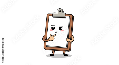 Puzzled clipboard character thinking deeply about a difficult question