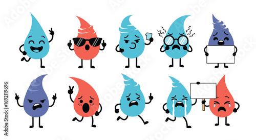 Collection of funny cartoon water droplets expressing different emotions and feelings