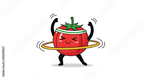 A happy tomato doing hula hoop excercise healthy lifestyle cartoon style